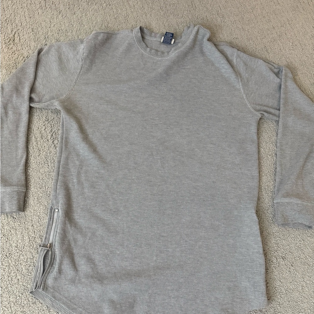 Mens Gray Waffle Knit Long Sleeve Shirt Side Zip Casual Streetwear XL Top